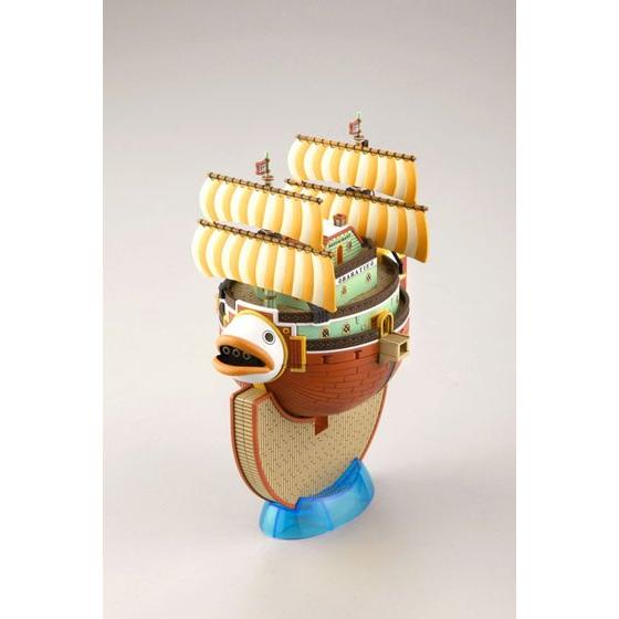 One Piece - The Baratie - Grand Ship Collection Model Kit, features the restaurant ship "Baratie" with unfolding fin gimmick, detachable bottom with sea surface effect, includes display base. Franchise: One Piece, Brand: Bandai, Release Date: 2014-07-12, Type: Model Kit. Sold at Nippon Figures.