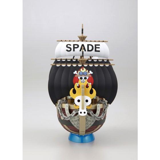 One Piece - Spade Pirates' Ship - Grand Ship Collection Model Kit (Bandai), realistic details like deck wood grain mold, display base, sea surface effect, Nippon Figures