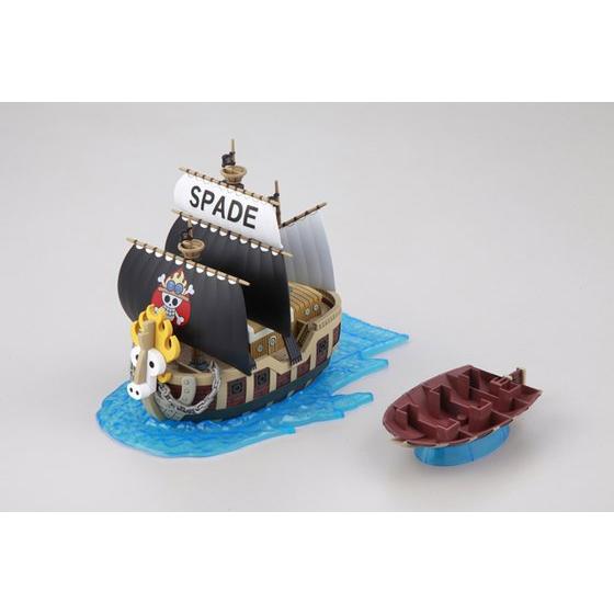 One Piece - Spade Pirates' Ship - Grand Ship Collection Model Kit (Bandai), realistic details like deck wood grain mold, display base, sea surface effect, Nippon Figures