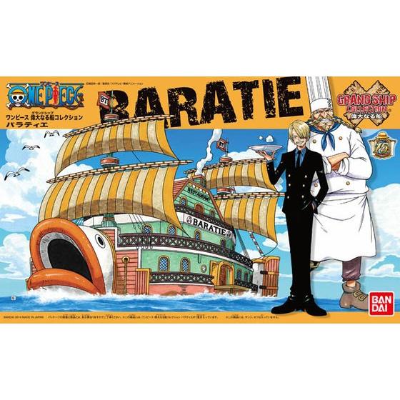 One Piece - The Baratie - Grand Ship Collection Model Kit, features the restaurant ship "Baratie" with unfolding fin gimmick, detachable bottom with sea surface effect, includes display base. Franchise: One Piece, Brand: Bandai, Release Date: 2014-07-12, Type: Model Kit. Sold at Nippon Figures.