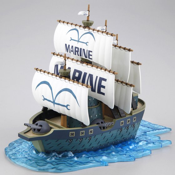 One Piece - Navy Warship - Grand Ship Collection Model Kit (Bandai), Navy warship model kit with sail design, moving turrets, sea surface effect parts, and interchangeable paddle parts. Franchise: One Piece, Brand: Bandai, Release Date: 2013-04-13. Sold by Nippon Figures.