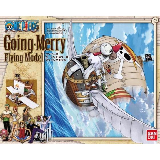 One Piece - The Flying Going Merry - Model Kit (Bandai), Non-scale plastic model kit measuring approximately 280mm in length, includes figures of Luffy, Zoro, Sanji, Usopp, Brook, Nami, Robin, and Chopper, released on 2011-07-01, sold at Nippon Figures.