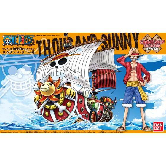 One Piece - Thousand Sunny - Grand Ship Collection Model Kit (Bandai), Easy to assemble compact One Piece pirate ship model kit with sea surface effect parts. Franchise: One Piece. Brand: Bandai. Release Date: 2012-02-11. Type: Model Kit. From Nippon Figures.