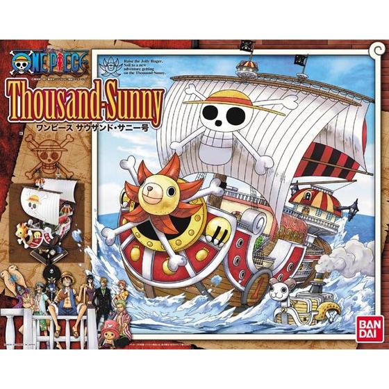 One Piece - Thousand Sunny - Model Kit (Bandai), Includes Shiro Mokuba No.1, Mini Merry No.2, and Shark Submerge No.3 mechas, Gaon Cannon and Paddle interchangeable, figures of all nine Straw Hat Pirates crew members included, Nippon Figures