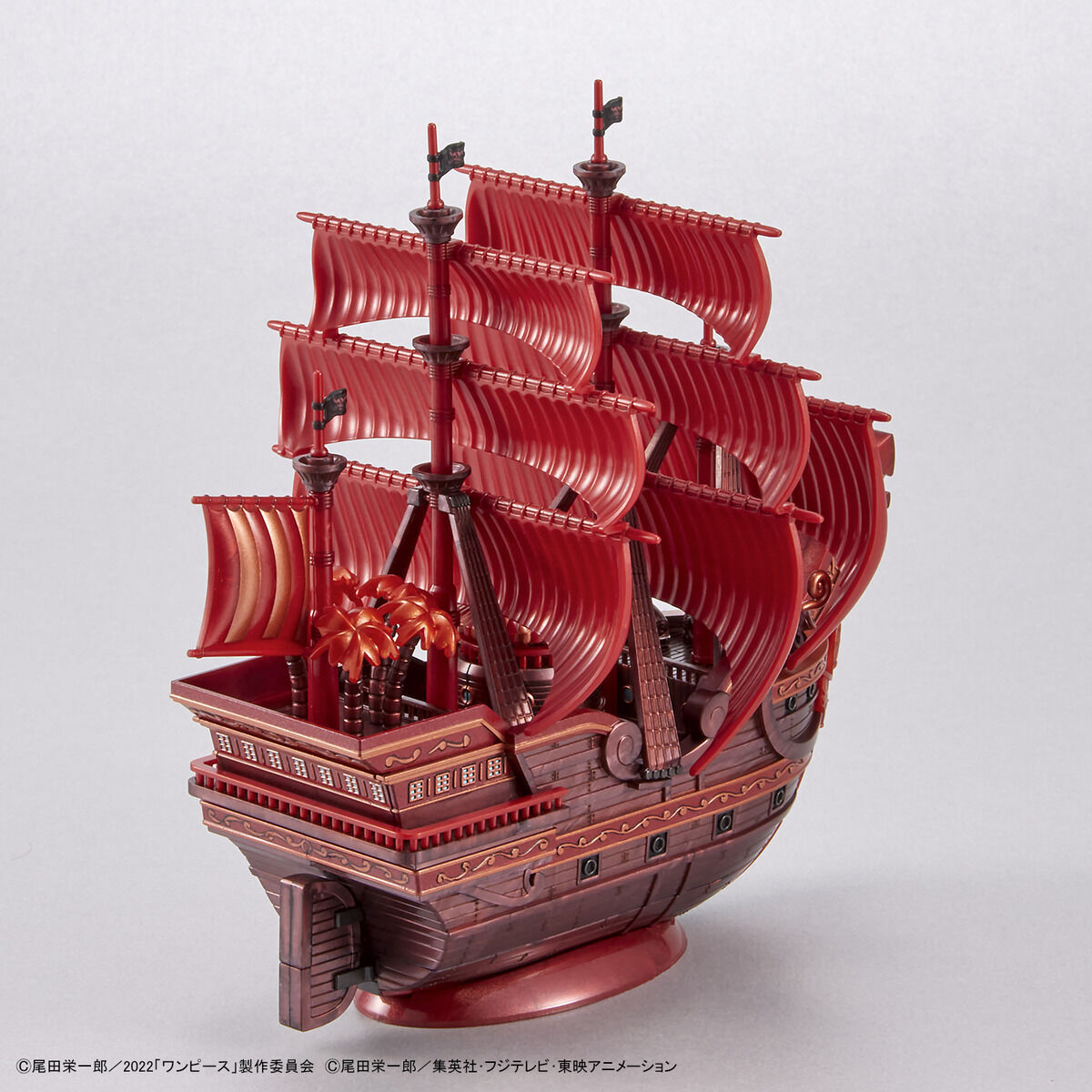 One Piece - Red Force - RED FILM Special - Grand Ship Collection Model Kit (Bandai), Metallic red color scheme inspired by the movie "ONE PIECE FILM RED", character plates of the Red Hair Pirates included, display base and ocean wave effects for added realism, foil and marking stickers included, released by Nippon Figures
