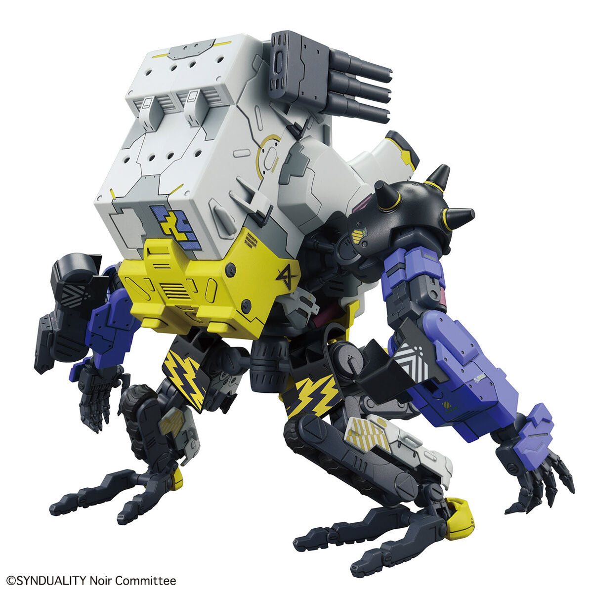 Synduality: Noir - Daisy Ogre - HG Model Kit (Bandai), SF project exploring "missed connections" between humans and AI, featuring unique mecha "Daisy Ogre" piloted by Kanata, with detailed cockpit and coffin, figures of Kanata and Noir included, long chain parts for saw chain firing mode, leg transformation parts, display base, marking stickers, released on 2023-07-08, from Nippon Figures