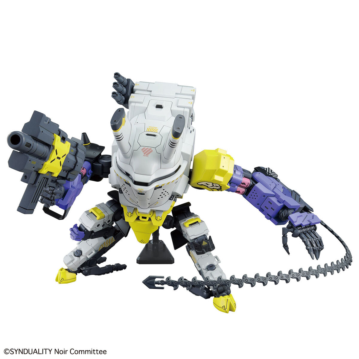 Synduality: Noir - Daisy Ogre - HG Model Kit (Bandai), SF project exploring "missed connections" between humans and AI, featuring unique mecha "Daisy Ogre" piloted by Kanata, with detailed cockpit and coffin, figures of Kanata and Noir included, long chain parts for saw chain firing mode, leg transformation parts, display base, marking stickers, released on 2023-07-08, from Nippon Figures