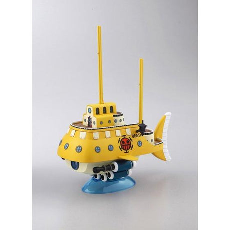 One Piece - Trafalgar Law's Submarine - Model Kit (Bandai), Easy assembly with no tools required, includes stickers for color reproduction, sail can be displayed in deployed or stored states, comes with sea surface effect parts, compatible with Action Base 2, released on 2012-02-11, sold at Nippon Figures