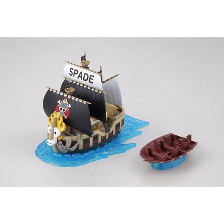 One Piece - Spade Pirates' Ship - Grand Ship Collection Model Kit (Bandai), realistic details like deck wood grain mold, display base, sea surface effect, Nippon Figures