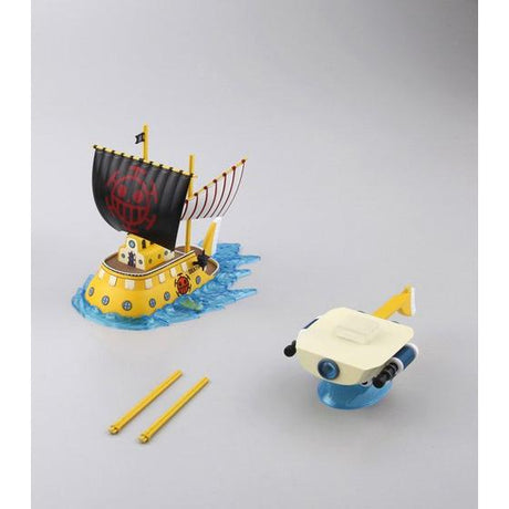 One Piece - Trafalgar Law's Submarine - Model Kit (Bandai), Easy assembly with no tools required, includes stickers for color reproduction, sail can be displayed in deployed or stored states, comes with sea surface effect parts, compatible with Action Base 2, released on 2012-02-11, sold at Nippon Figures