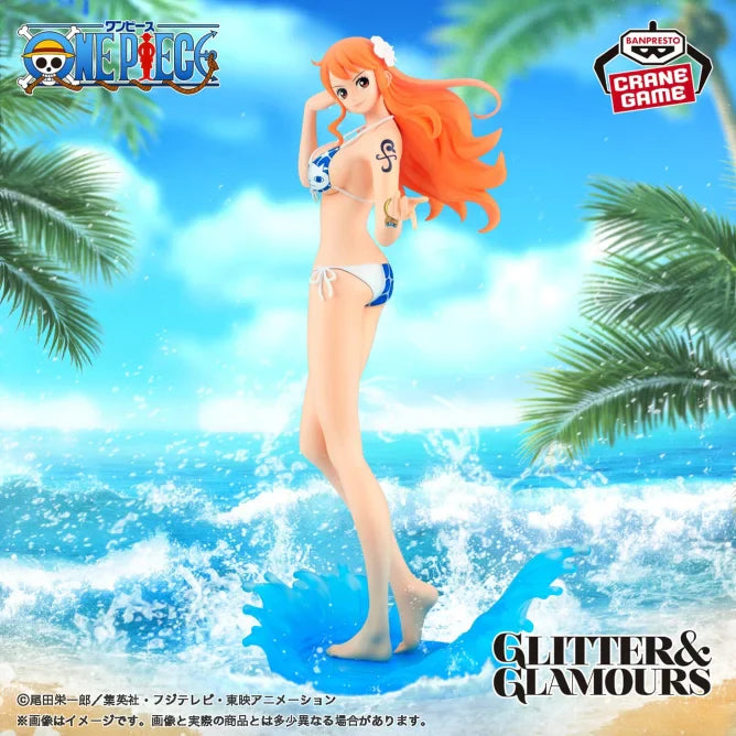 One Piece - Nami - GLITTER & GLAMOURS SPLASH STYLE (Bandai Spirits), featuring Nami in a swimsuit with a luxurious effect stand capturing her flowing hair, swimsuit ribbons, and graceful fingertips, deluxe clear stand with splashing water effects, approx. height 23 cm, release date 9th July 2024, Nippon Figures