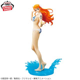 One Piece - Nami - GLITTER & GLAMOURS SPLASH STYLE (Bandai Spirits), featuring Nami in a swimsuit with a luxurious effect stand capturing her flowing hair, swimsuit ribbons, and graceful fingertips, deluxe clear stand with splashing water effects, approx. height 23 cm, release date 9th July 2024, Nippon Figures