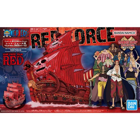 One Piece - Red Force - RED FILM Special - Grand Ship Collection Model Kit (Bandai), Metallic red color scheme inspired by the movie "ONE PIECE FILM RED", character plates of the Red Hair Pirates included, display base and ocean wave effects for added realism, foil and marking stickers included, released by Nippon Figures