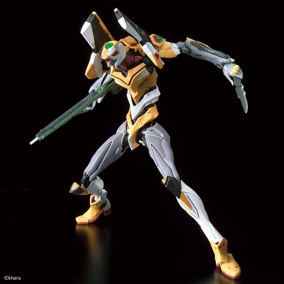 Evangelion - Unit-00 - RG Model Kit (Bandai), Real Grade Prototype Unit-00 with movable spine and scapula, color separation head, and realistic decals. Includes modified parts, Progressive Knife, Pallet Rifle, and more. From Nippon Figures.